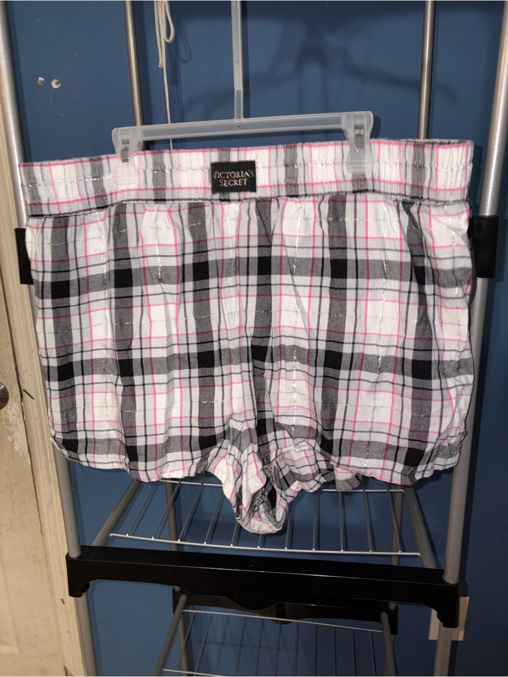 Victoria's Secret White Plaid Sleep Shorts with Pink & Gray Trim